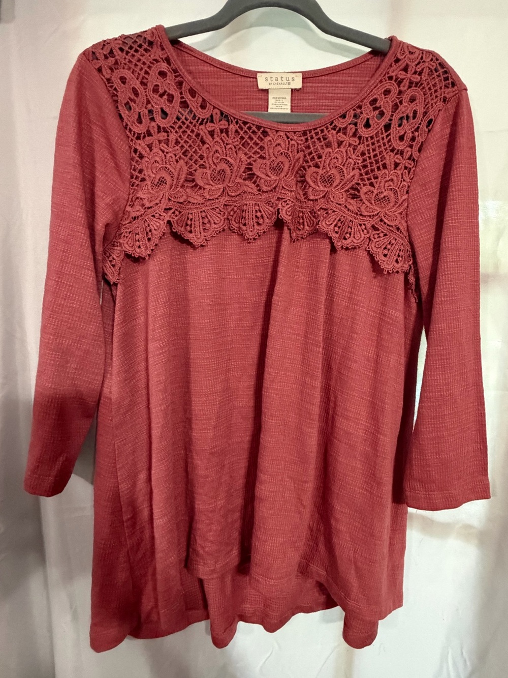 Status & Co. Crochet Yoke Long Sleeve Blouse in Dusty Rose